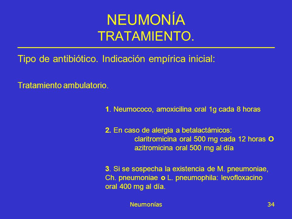 NEUMONÍA TRATAMIENTO. Tipo de antibiótico. Indicación empírica inicial: Tratamiento ambulatorio. 1. Neumococo, amoxicilina oral 1g cada 8 horas.