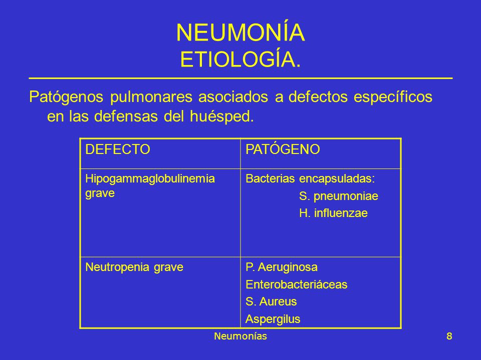 NEUMONÍA ETIOLOGÍA. Patógenos pulmonares asociados a defectos específicos en las defensas del huésped.
