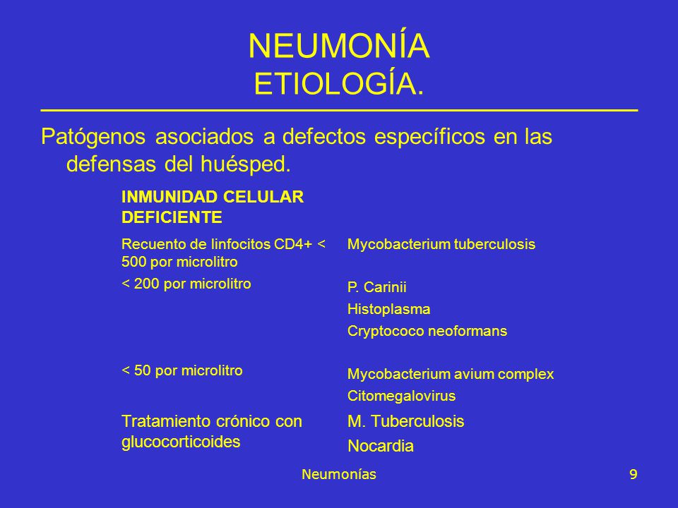 NEUMONÍA ETIOLOGÍA. Patógenos asociados a defectos específicos en las defensas del huésped. INMUNIDAD CELULAR DEFICIENTE.