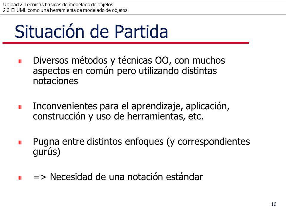 Situación de Partida Diversos métodos y técnicas OO, con muchos aspectos en común pero utilizando distintas notaciones.