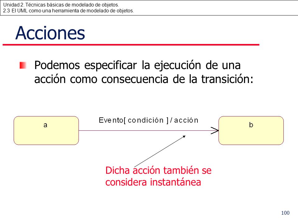 Acciones Podemos especificar la ejecución de una acción como consecuencia de la transición: Dicha acción también se considera instantánea.
