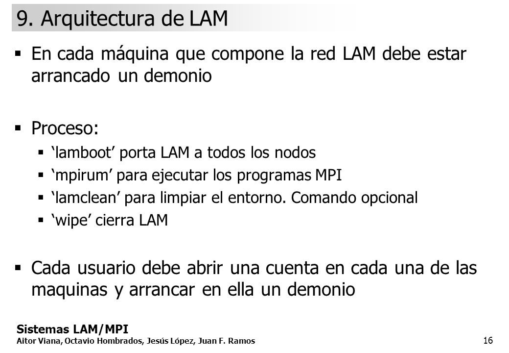 9. Arquitectura de LAM En cada máquina que compone la red LAM debe estar arrancado un demonio. Proceso: