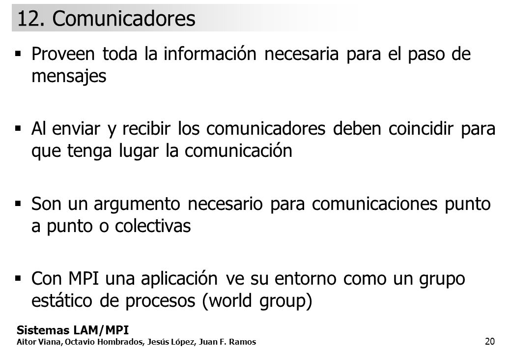 12. Comunicadores Proveen toda la información necesaria para el paso de mensajes.