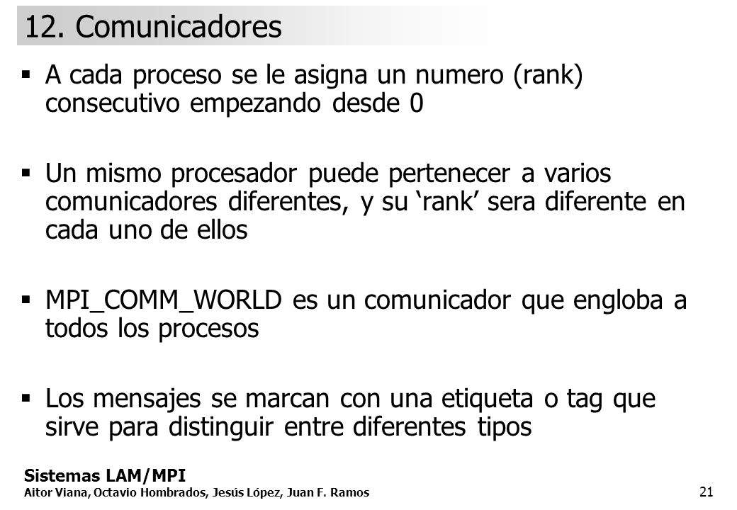 12. Comunicadores A cada proceso se le asigna un numero (rank) consecutivo empezando desde 0.