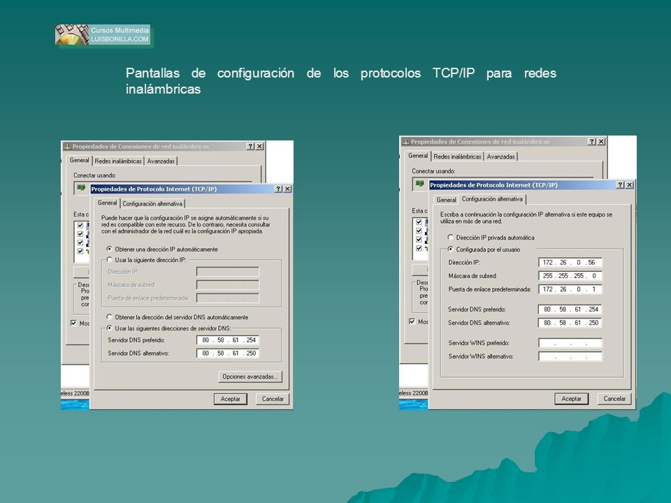 Pantallas de configuración de los protocolos TCP/IP para redes inalámbricas
