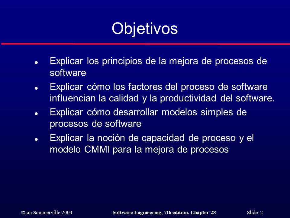 Objetivos Explicar los principios de la mejora de procesos de software