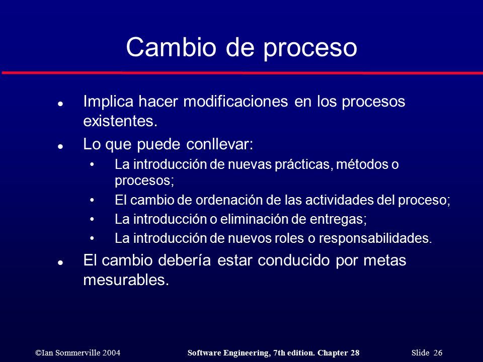 Cambio de proceso Implica hacer modificaciones en los procesos existentes. Lo que puede conllevar: