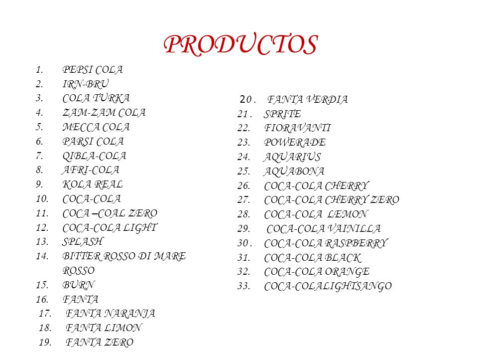 PRODUCTOS PEPSI COLA IRN-BRU COLA TURKA ZAM-ZAM COLA MECCA COLA