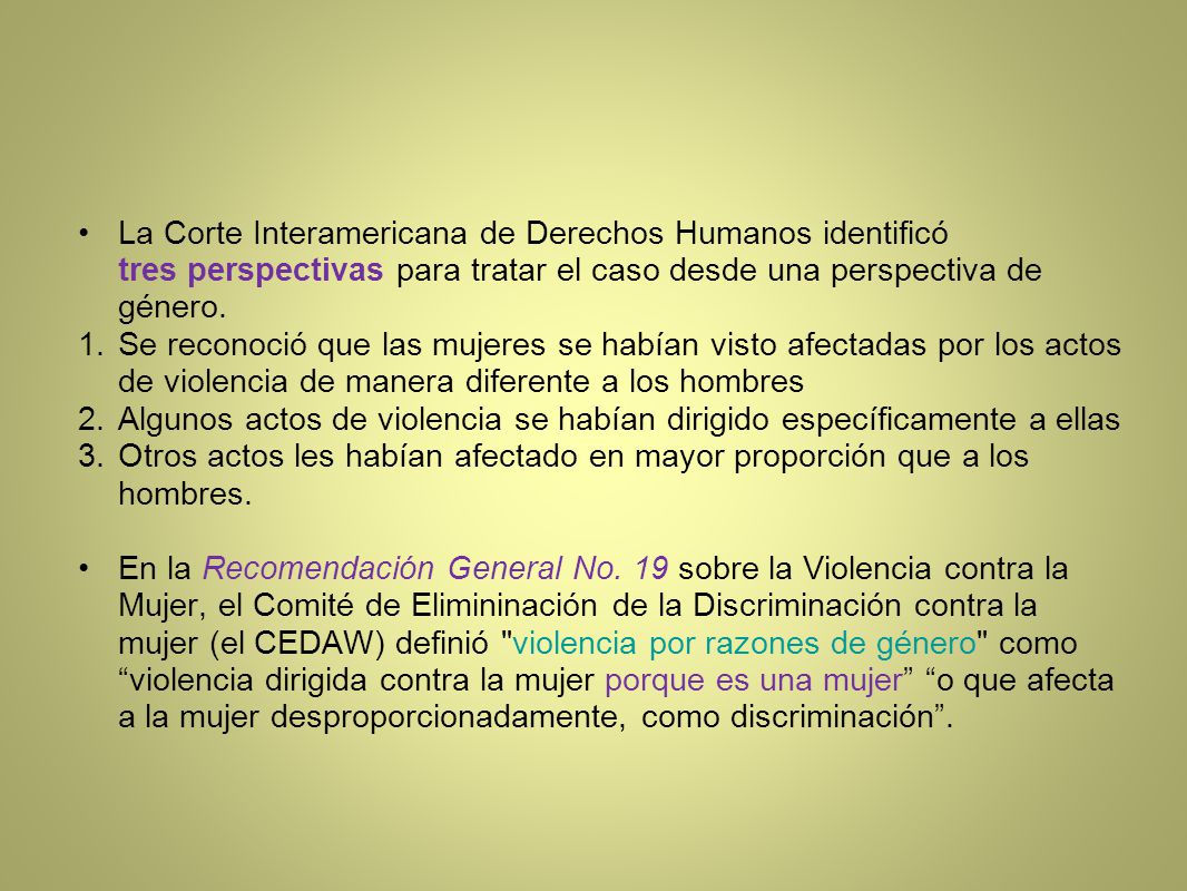 La Corte Interamericana de Derechos Humanos identificó tres perspectivas para tratar el caso desde una perspectiva de género.