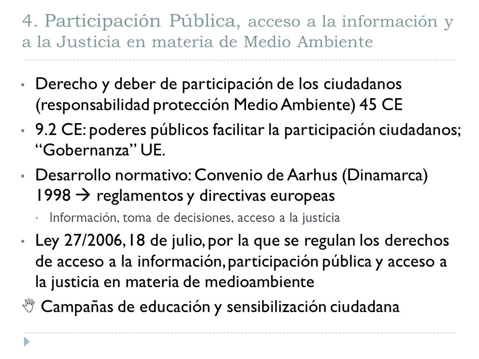 4. Participación Pública, acceso a la información y a la Justicia en materia de Medio Ambiente