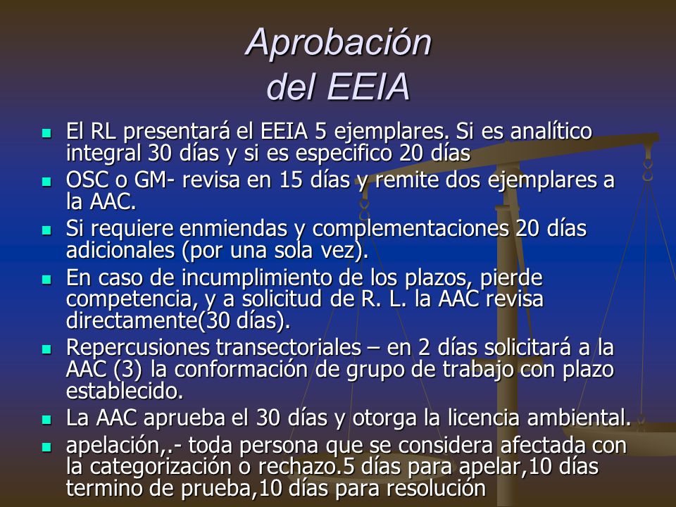 Aprobación del EEIA El RL presentará el EEIA 5 ejemplares. Si es analítico integral 30 días y si es especifico 20 días.