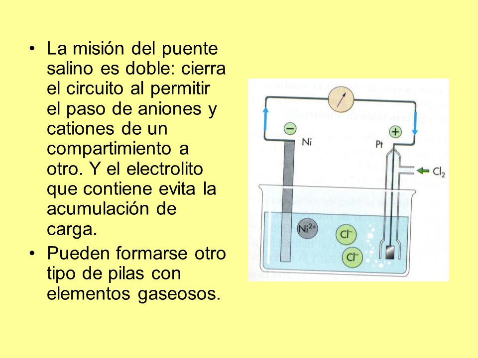 La misión del puente salino es doble: cierra el circuito al permitir el paso de aniones y cationes de un compartimiento a otro. Y el electrolito que contiene evita la acumulación de carga.