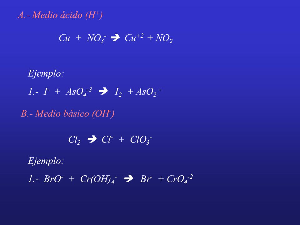 A.- Medio ácido A.- Medio ácido (H+) Cu + NO3-  Cu+2 + NO2. Ejemplo: 1.- I- + AsO4-3  I2 + AsO2 -
