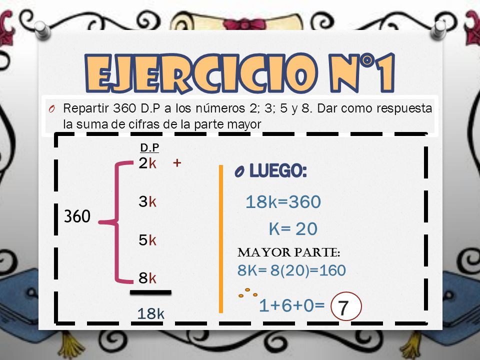 EJERCICIO N°1 7 LUEGO: 18k=360 K= k + 3k 5k 8k 8K= 8(20)=160