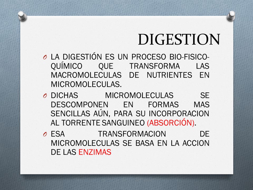 DIGESTION LA DIGESTIÓN ES UN PROCESO BIO-FISICO-QUÍMICO QUE TRANSFORMA LAS MACROMOLECULAS DE NUTRIENTES EN MICROMOLECULAS.