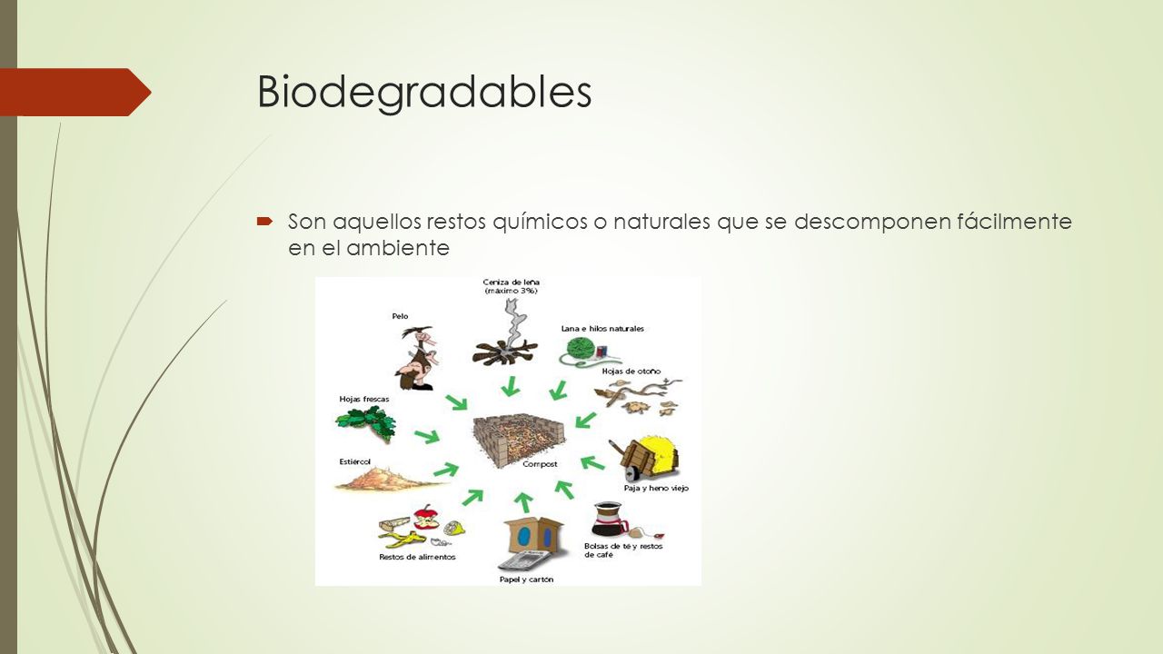 Biodegradables Son aquellos restos químicos o naturales que se descomponen fácilmente en el ambiente.