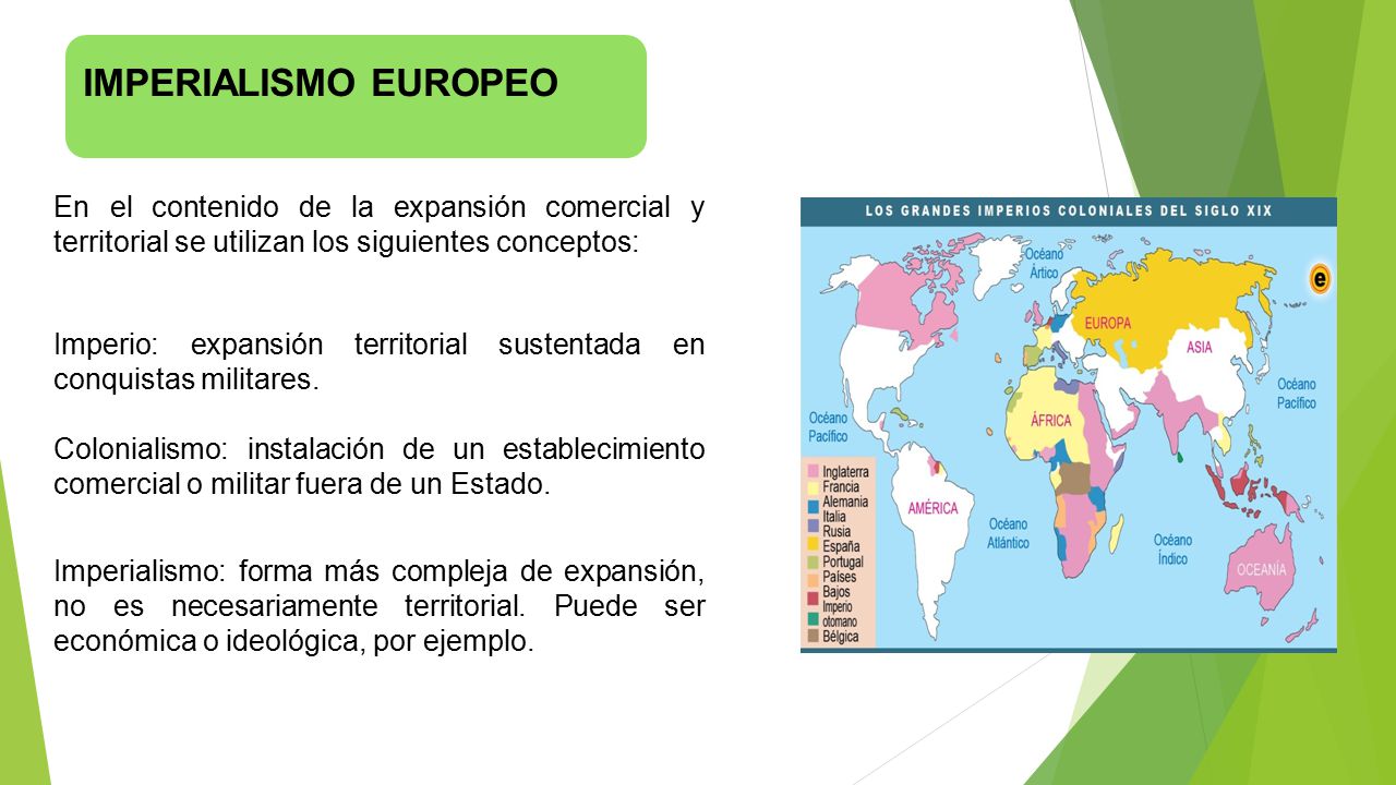 IMPERIALISMO EUROPEO En el contenido de la expansión comercial y territorial se utilizan los siguientes conceptos: