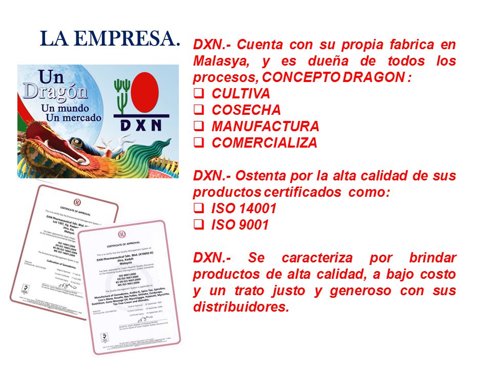 LA EMPRESA. DXN.- Cuenta con su propia fabrica en Malasya, y es dueña de todos los procesos, CONCEPTO DRAGON :