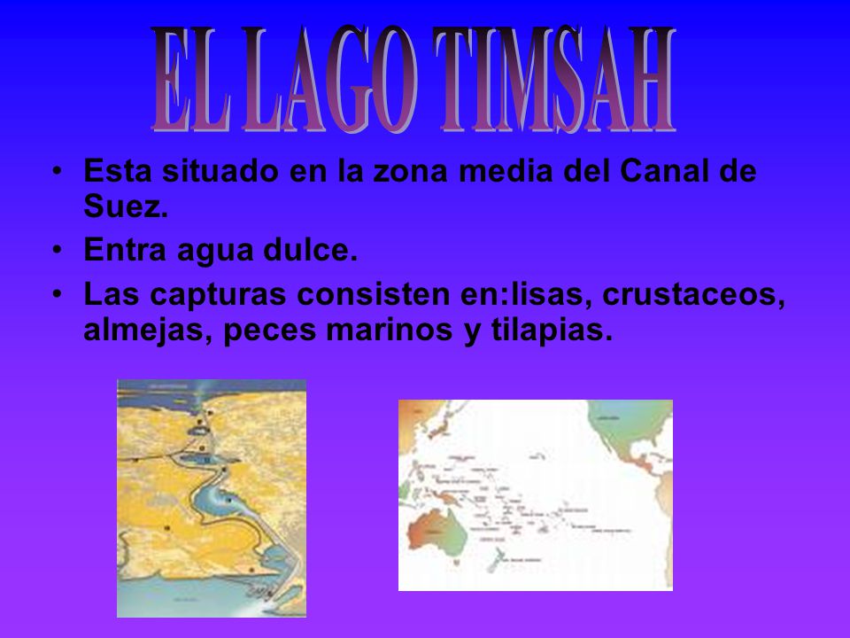 EL LAGO TIMSAH Esta situado en la zona media del Canal de Suez.
