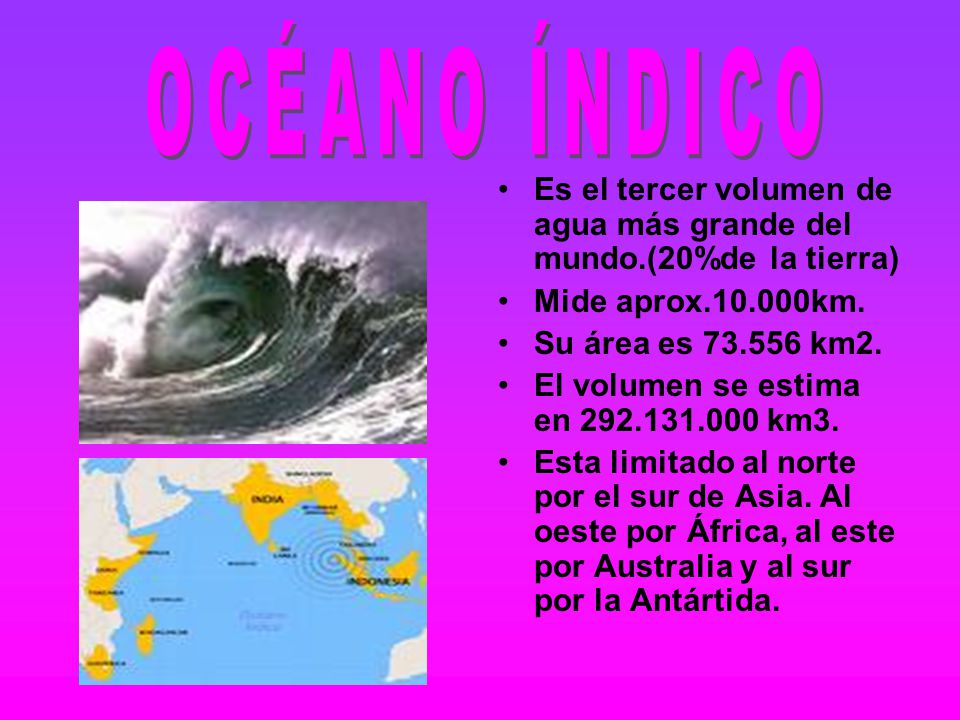 OCÉANO ÍNDICO Es el tercer volumen de agua más grande del mundo.(20%de la tierra) Mide aprox km.