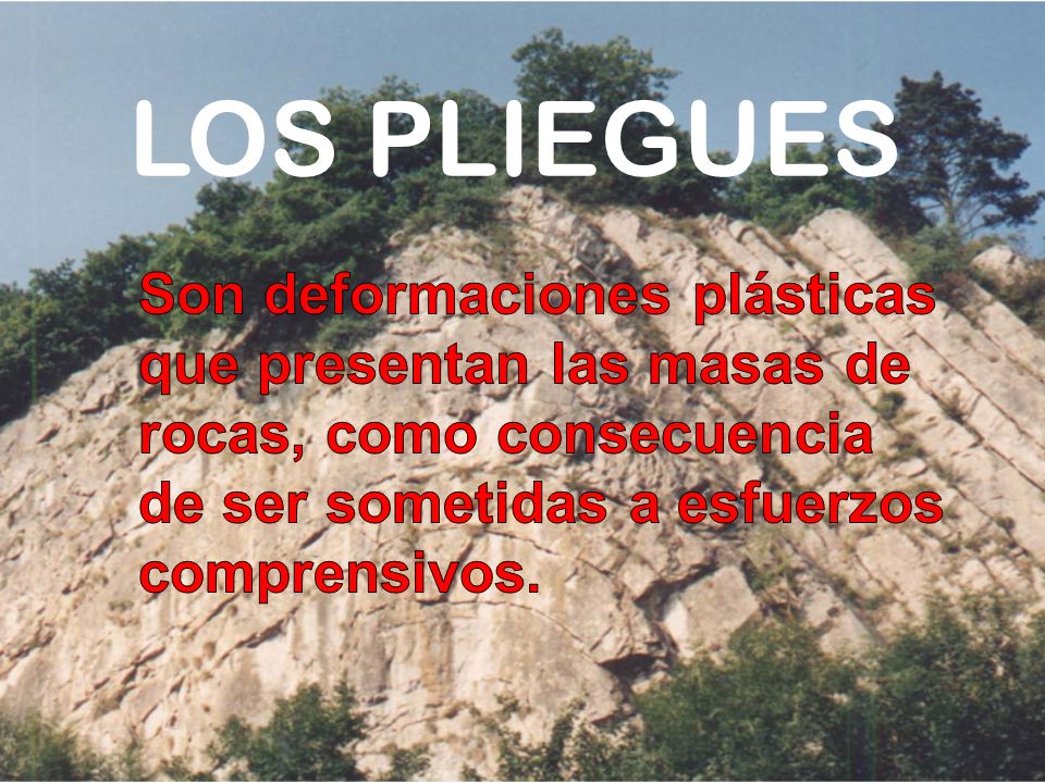 LOS PLIEGUES Son deformaciones plásticas que presentan las masas de rocas, como consecuencia de ser sometidas a esfuerzos comprensivos.
