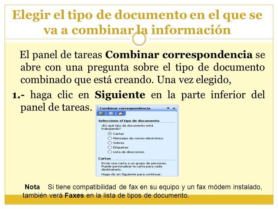 Elegir el tipo de documento en el que se va a combinar la información