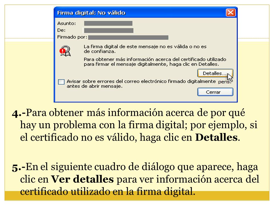 4.-Para obtener más información acerca de por qué hay un problema con la firma digital; por ejemplo, si el certificado no es válido, haga clic en Detalles.
