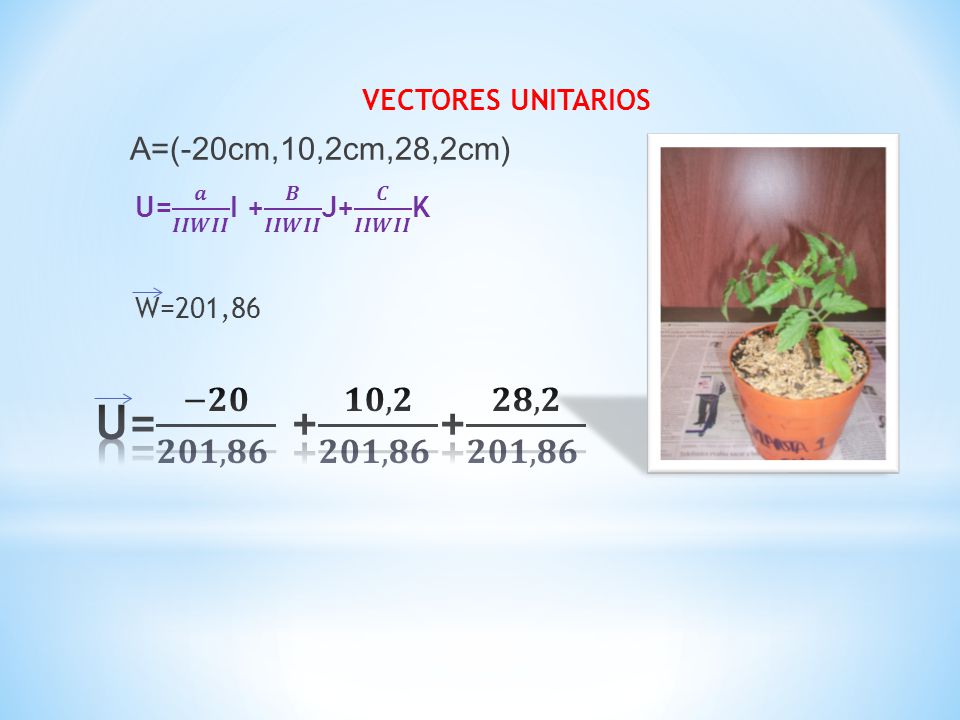 VECTORES UNITARIOS A=(-20cm,10,2cm,28,2cm) U= 𝒂 𝑰𝑰𝑾𝑰𝑰 I + 𝑩 𝑰𝑰𝑾𝑰𝑰 J+ 𝑪 𝑰𝑰𝑾𝑰𝑰 K.