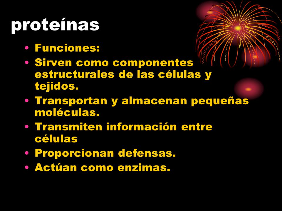 proteínas Funciones: Sirven como componentes estructurales de las células y tejidos. Transportan y almacenan pequeñas moléculas.