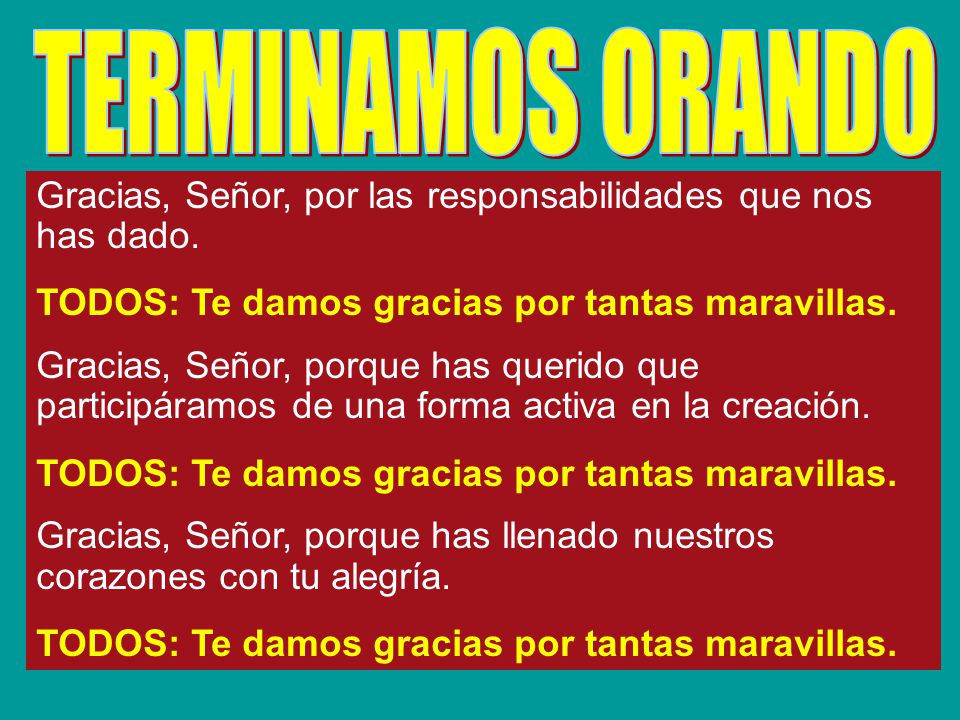 TERMINAMOS ORANDO Gracias, Señor, por las responsabilidades que nos has dado. TODOS: Te damos gracias por tantas maravillas.