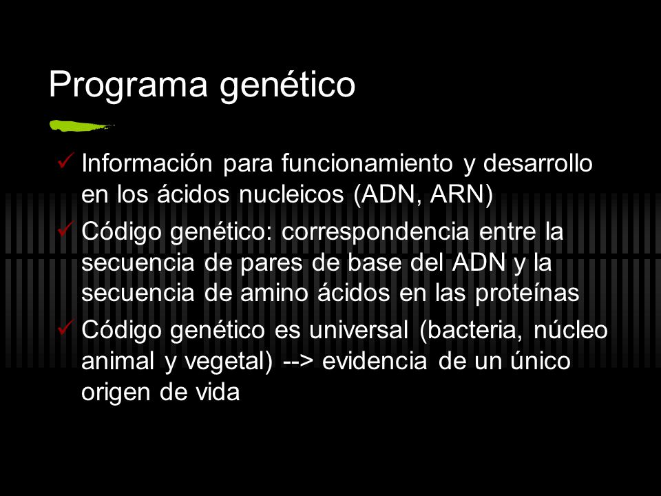Programa genético Información para funcionamiento y desarrollo en los ácidos nucleicos (ADN, ARN)
