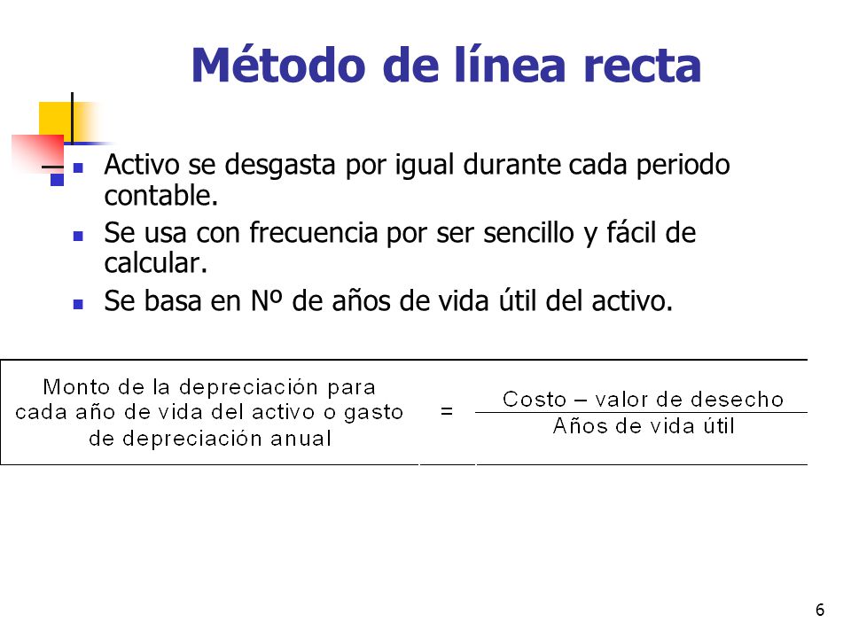 Método de línea recta Activo se desgasta por igual durante cada periodo contable. Se usa con frecuencia por ser sencillo y fácil de calcular.