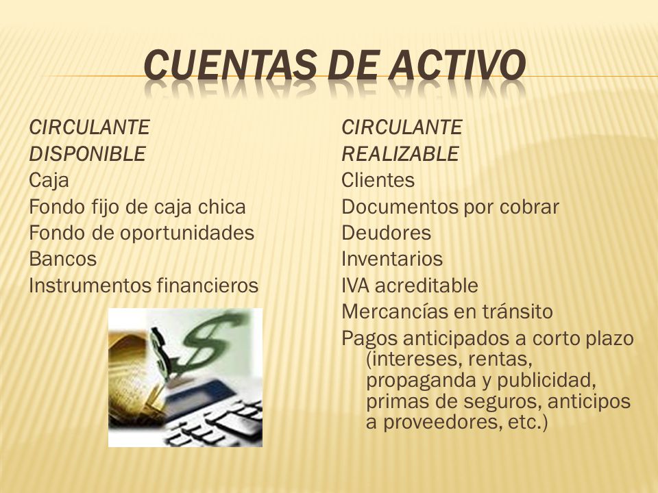 CUENTAS DE ACTIVO CIRCULANTE DISPONIBLE Caja Fondo fijo de caja chica Fondo de oportunidades Bancos Instrumentos financieros