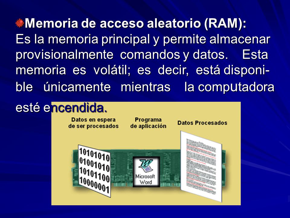 Memoria de acceso aleatorio (RAM): Es la memoria principal y permite almacenar provisionalmente comandos y datos.