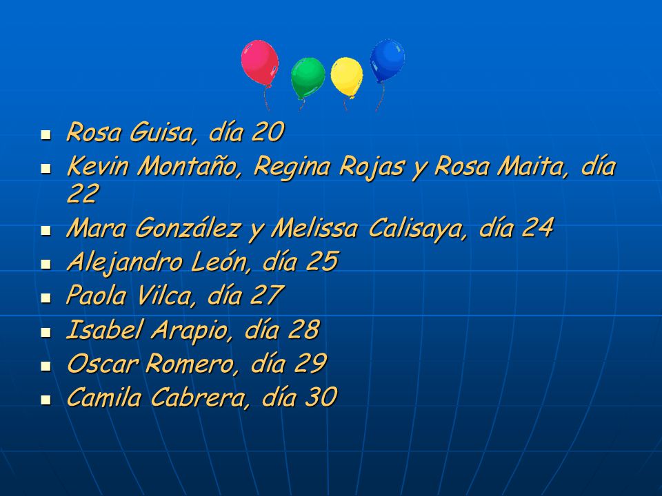 Rosa Guisa, día 20 Kevin Montaño, Regina Rojas y Rosa Maita, día 22. Mara González y Melissa Calisaya, día 24.