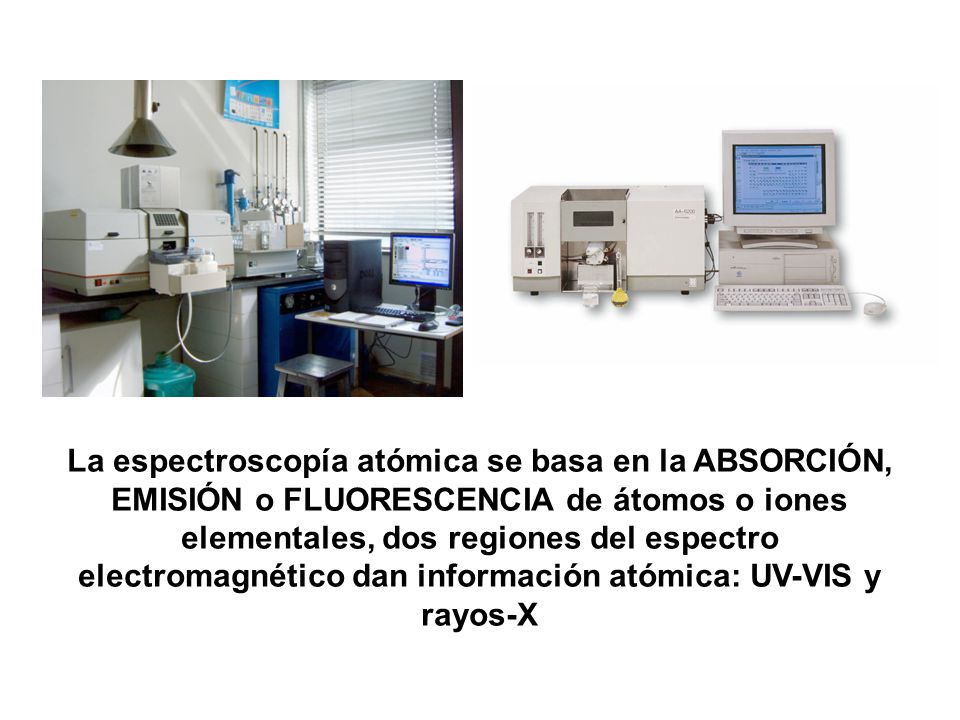 La espectroscopía atómica se basa en la ABSORCIÓN, EMISIÓN o FLUORESCENCIA de átomos o iones elementales, dos regiones del espectro electromagnético dan información atómica: UV-VIS y rayos-X