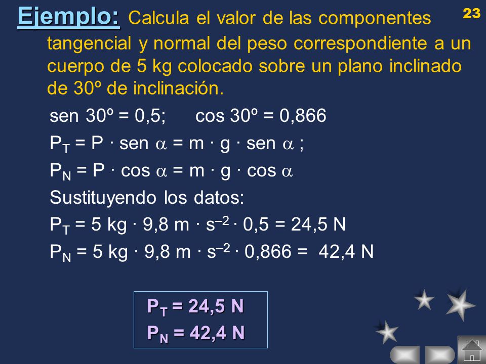 Ejemplo: Calcula el valor de las componentes tangencial y normal del peso correspondiente a un cuerpo de 5 kg colocado sobre un plano inclinado de 30º de inclinación.