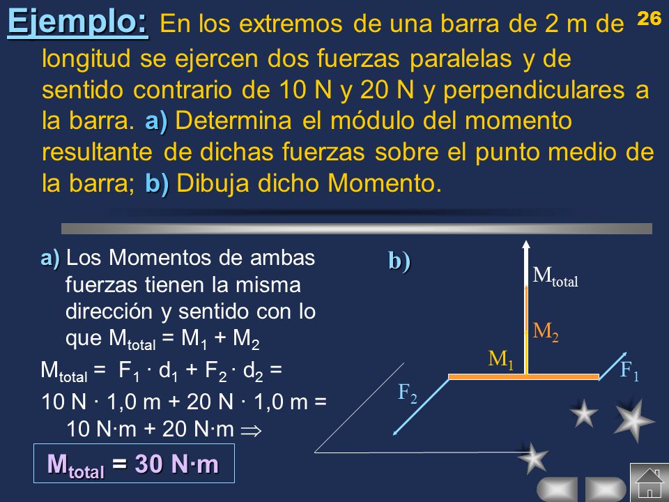 Ejemplo: En los extremos de una barra de 2 m de longitud se ejercen dos fuerzas paralelas y de sentido contrario de 10 N y 20 N y perpendiculares a la barra. a) Determina el módulo del momento resultante de dichas fuerzas sobre el punto medio de la barra; b) Dibuja dicho Momento.