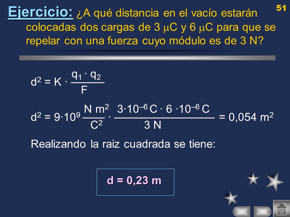 Ejercicio: ¿A qué distancia en el vacío estarán colocadas dos cargas de 3C y 6C para que se repelar con una fuerza cuyo módulo es de 3 N
