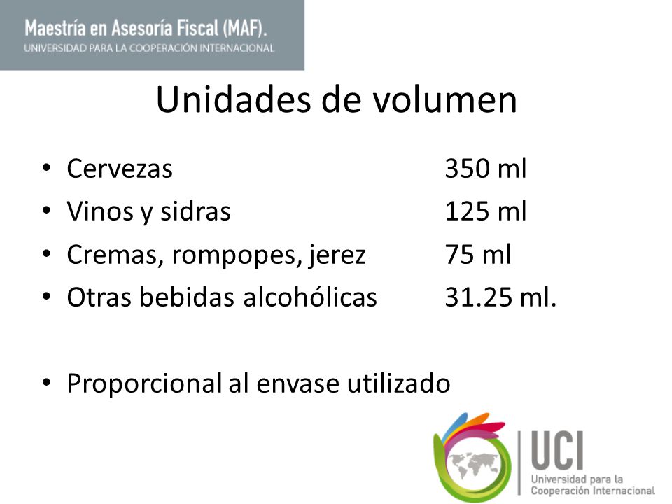 Unidades de volumen Cervezas 350 ml Vinos y sidras 125 ml
