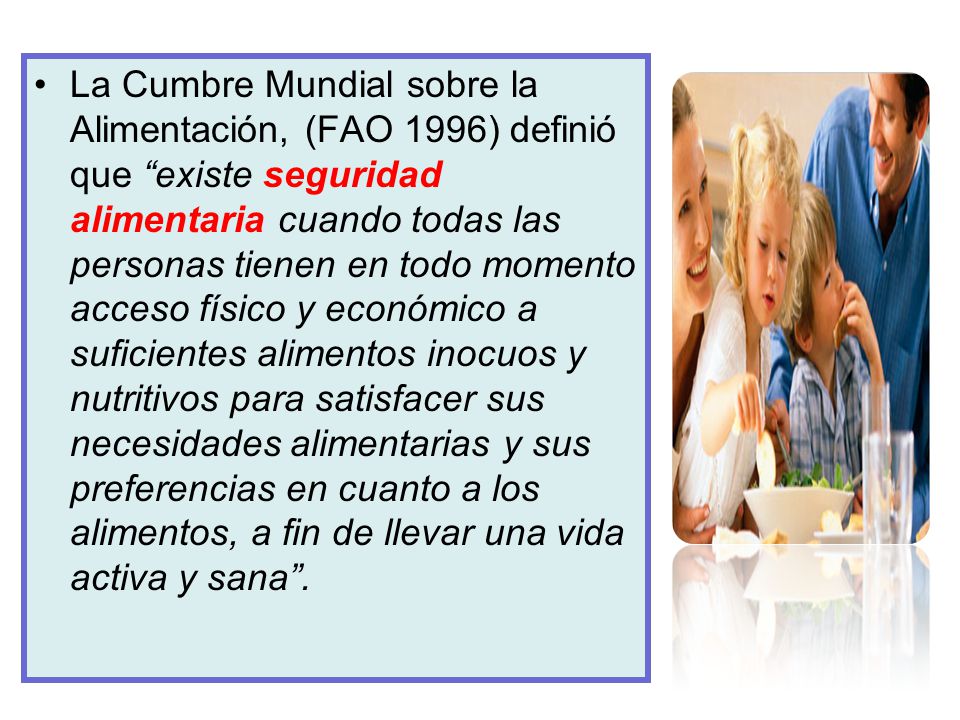 La Cumbre Mundial sobre la Alimentación, (FAO 1996) definió que existe seguridad alimentaria cuando todas las personas tienen en todo momento acceso físico y económico a suficientes alimentos inocuos y nutritivos para satisfacer sus necesidades alimentarias y sus preferencias en cuanto a los alimentos, a fin de llevar una vida activa y sana .