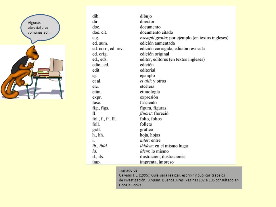 Algunas abreviaturas. comunes son: Tomado de: Caivano J.L. (1995): Guía para realizar, escribir y publicar trabajos.