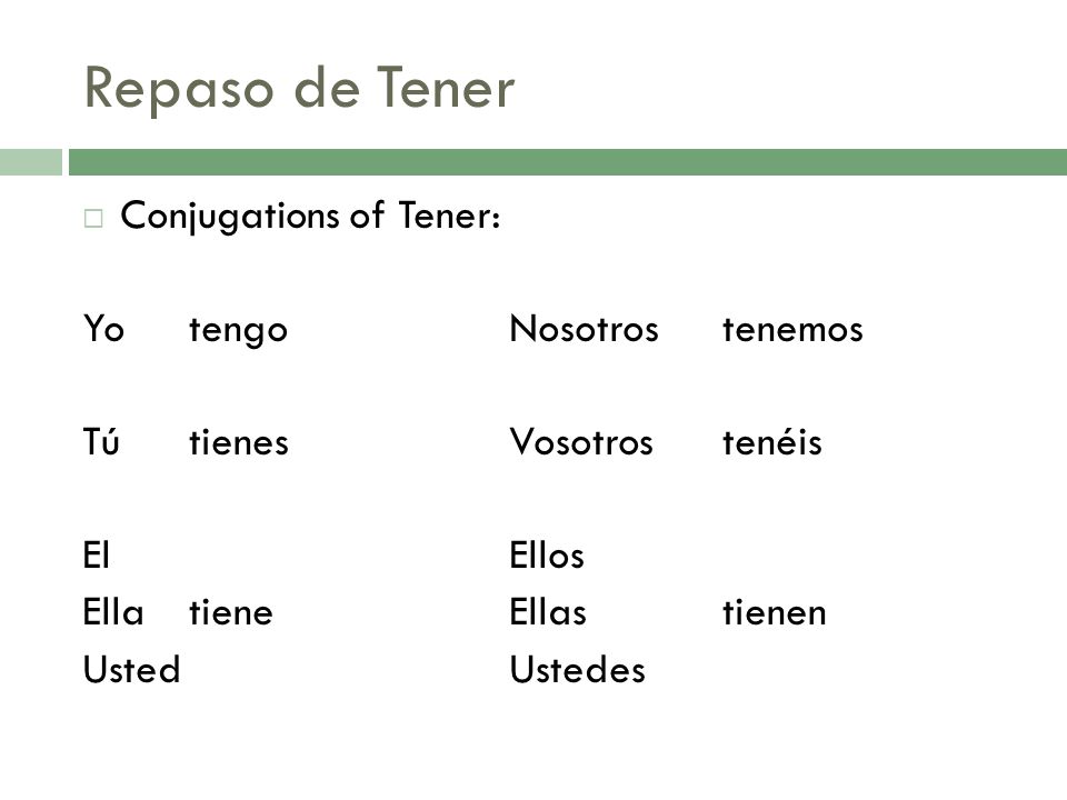 Repaso de Tener Conjugations of Tener: Yo tengo Nosotros tenemos