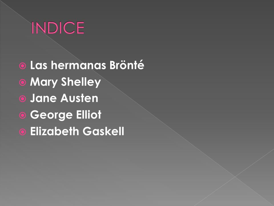 INDICE Las hermanas Brönté Mary Shelley Jane Austen George Elliot