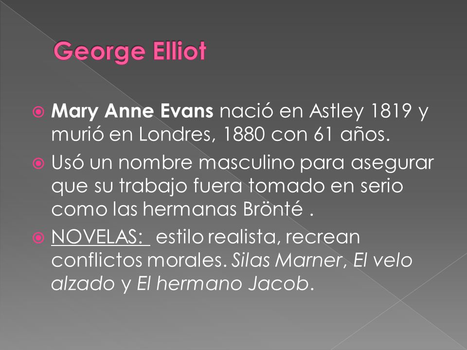 George Elliot Mary Anne Evans nació en Astley 1819 y murió en Londres, 1880 con 61 años.