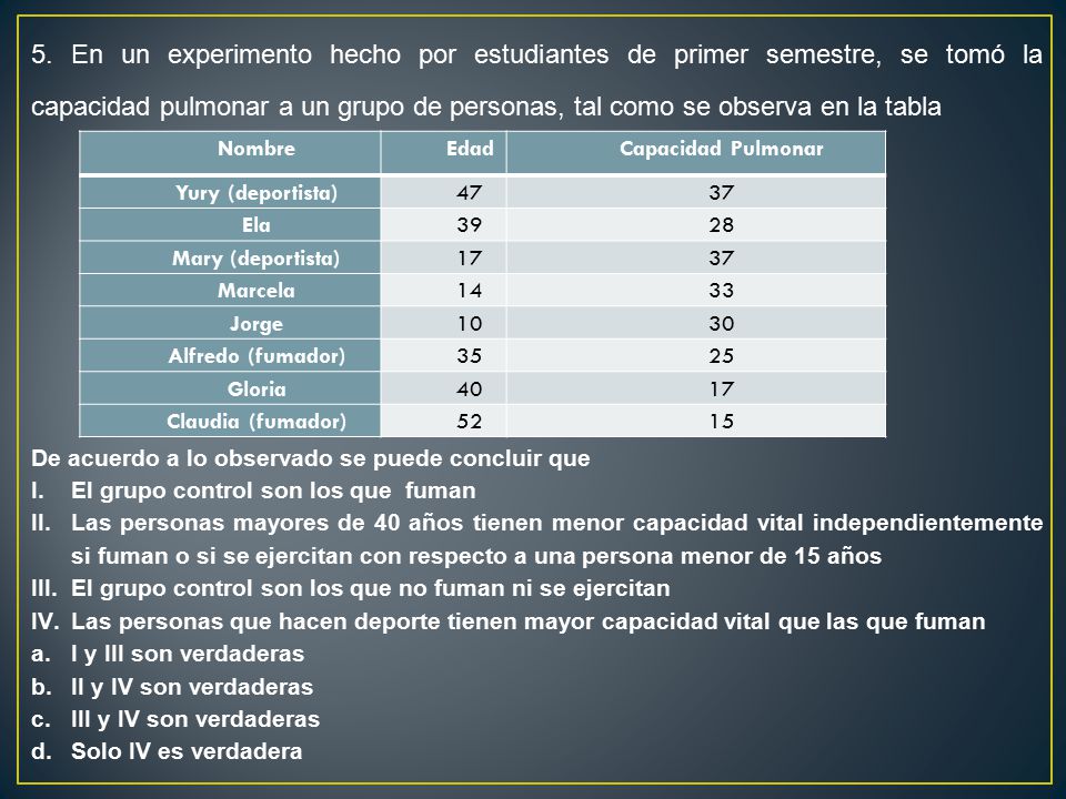 5. En un experimento hecho por estudiantes de primer semestre, se tomó la capacidad pulmonar a un grupo de personas, tal como se observa en la tabla