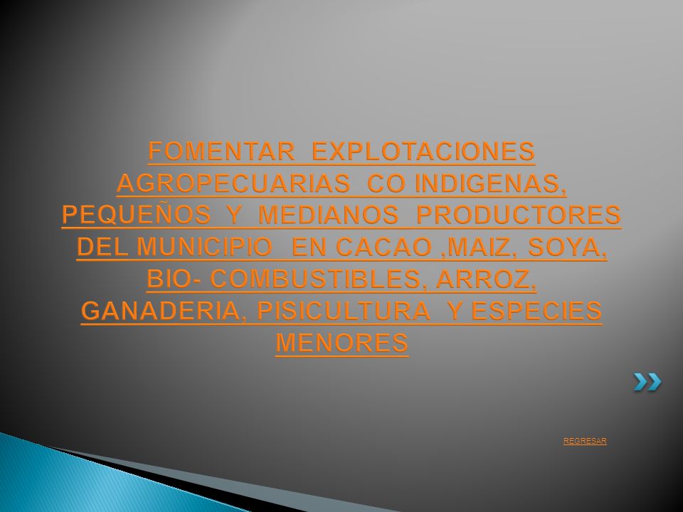 FOMENTAR EXPLOTACIONES AGROPECUARIAS CO INDIGENAS, PEQUEÑOS Y MEDIANOS PRODUCTORES DEL MUNICIPIO EN CACAO ,MAIZ, SOYA, BIO- COMBUSTIBLES, ARROZ, GANADERIA, PISICULTURA Y ESPECIES MENORES