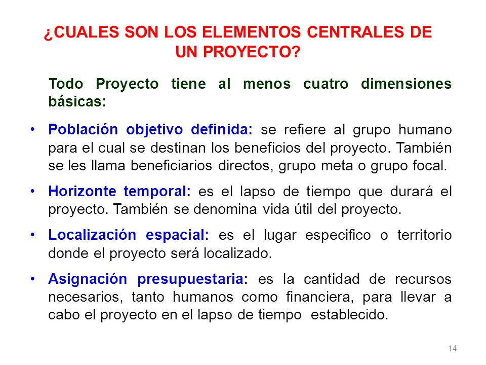 ¿CUALES SON LOS ELEMENTOS CENTRALES DE UN PROYECTO