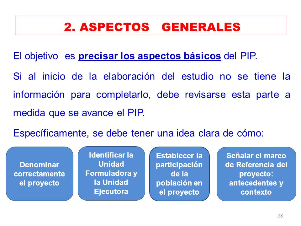 2. ASPECTOS GENERALES El objetivo es precisar los aspectos básicos del PIP.