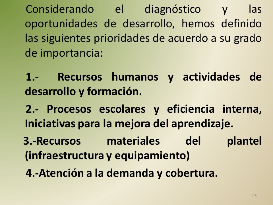 Considerando el diagnóstico y las oportunidades de desarrollo, hemos definido las siguientes prioridades de acuerdo a su grado de importancia: 1.- Recursos humanos y actividades de desarrollo y formación.